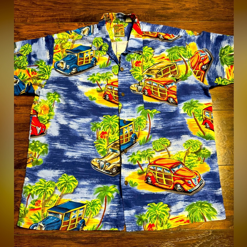Pineapple Connection Aloha Hawaiian Shirt Size Large Blue Woodies Surf Wagon